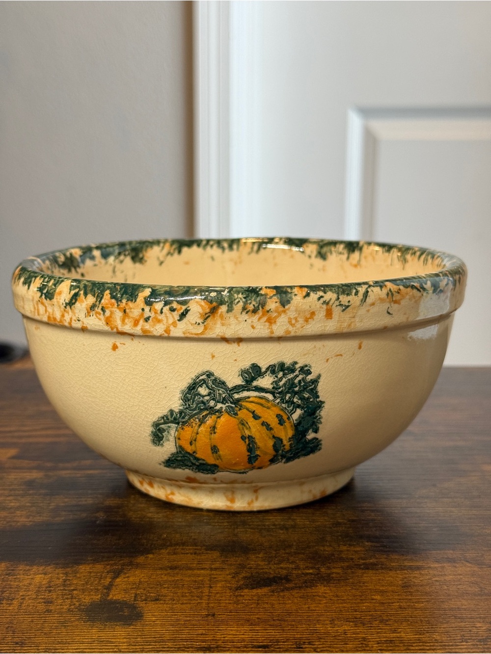 Pumpkin Harvest Ceramic Mixing Bowl Farmhouse Fall Thanksgiving Orange Green 8”